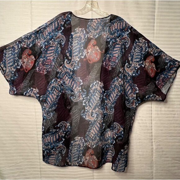 Sheer Paisley Open-Front Kimono Cardigan XXL Lightweight Boho Purple Blue Black - Picture 2 of 15